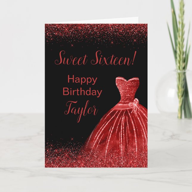 Bright Red Dress Faux Glitter Sweet 16 Birthday Card (Front)