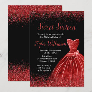 Bright Red Dress Faux Glitter Sweet 16 Birthday Invitation