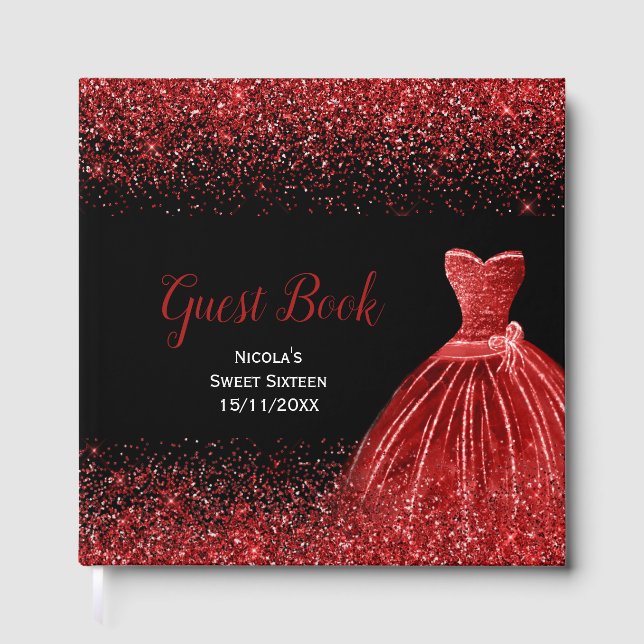 Bright Red Dress Faux Glitter Sweet 16  Guest Book (Front)