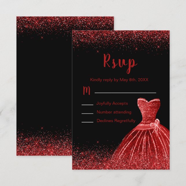 Bright Red Dress Faux Glitter Sweet 16  RSVP Card (Front/Back)
