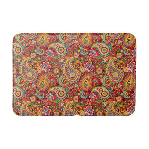 Bright Red Floral paisley bohemian pattern Bath Mat