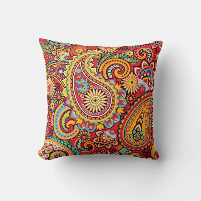 Bright Red Floral paisley bohemian pattern Cushion (Front)