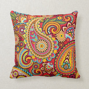 Bright Red Floral paisley bohemian pattern Cushion