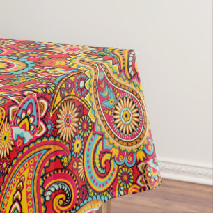 Bright Red Floral paisley bohemian pattern Tablecloth