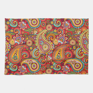 Bright Red Floral paisley bohemian pattern Tea Towel