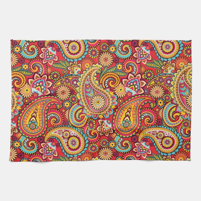 Bright Red Floral paisley bohemian pattern Tea Towel (Horizontal)