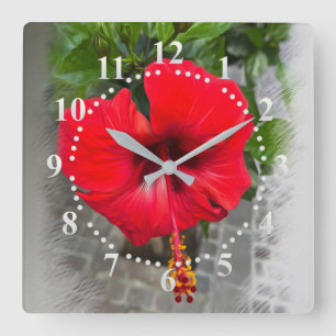 Bright red flower square wall clock