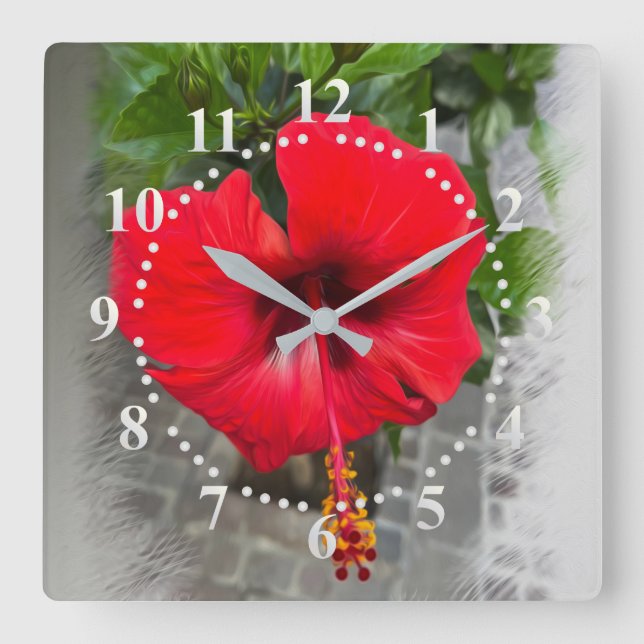 Bright red flower square wall clock (Front)