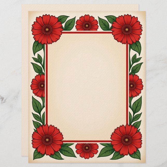Bright Red Flowers & Frame Stationery Paper Custom Letterhead (Front/Back)