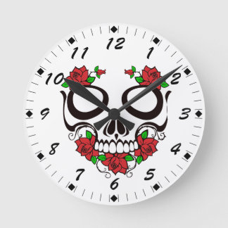 Bright Red Flowers Green Leaves Sugar Skull Round Clock