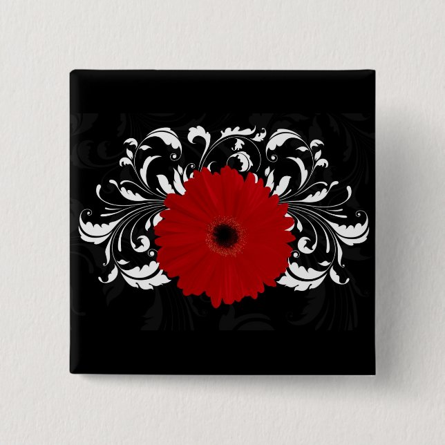 Bright Red Gerbera Daisy on Black 15 Cm Square Badge (Front)