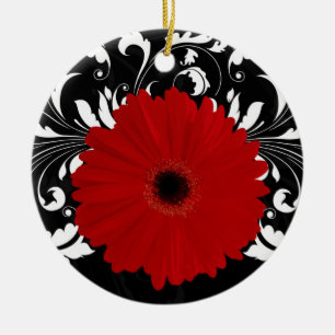 Bright Red Gerbera Daisy on Black Ceramic Ornament