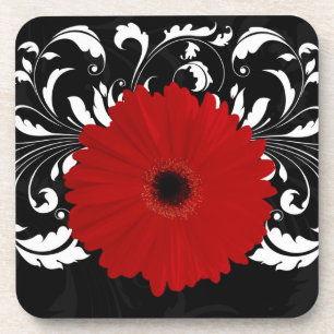 Bright Red Gerbera Daisy on Black Coaster