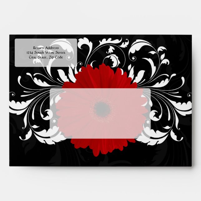 Bright Red Gerbera Daisy on Black Envelopes (Front)