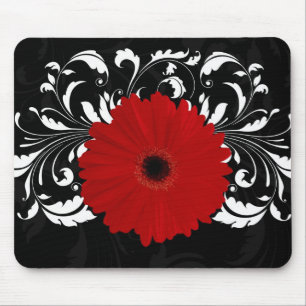 Bright Red Gerbera Daisy on Black Mouse Pad