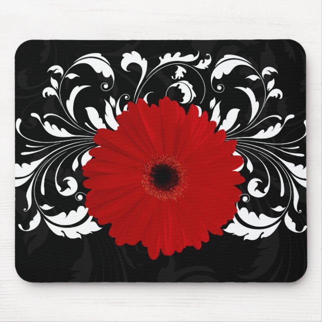 Bright Red Gerbera Daisy on Black Mouse Pad (Front)