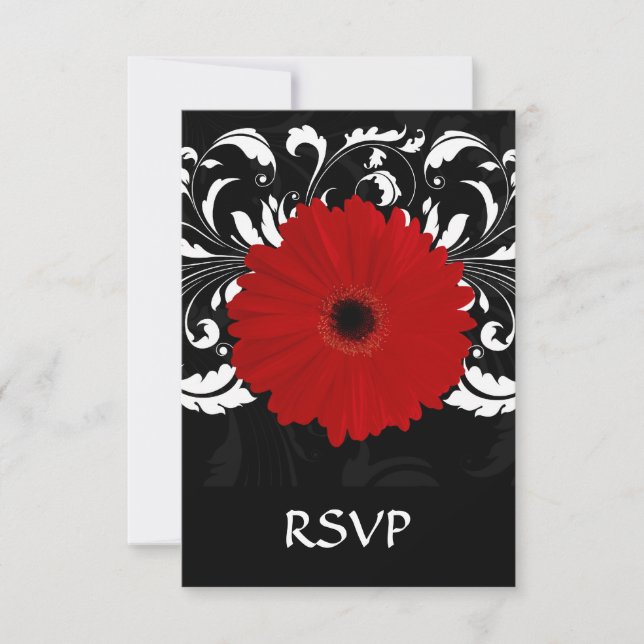 Bright Red Gerbera Daisy on Black RSVP Card (Front)