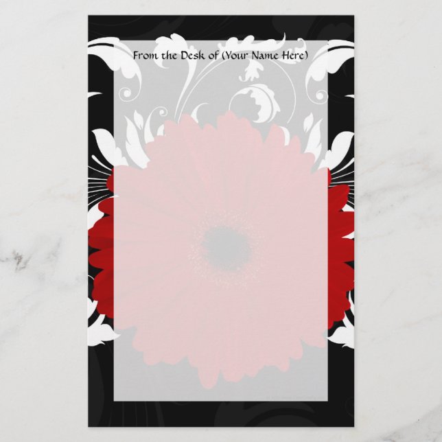 Bright Red Gerbera Daisy on Black Stationery (Front)