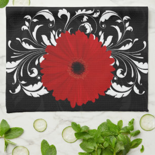 Bright Red Gerbera Daisy on Black Tea Towel
