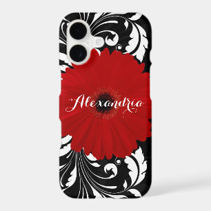 Bright Red Gerbera Daisy Pretty Black Monogram