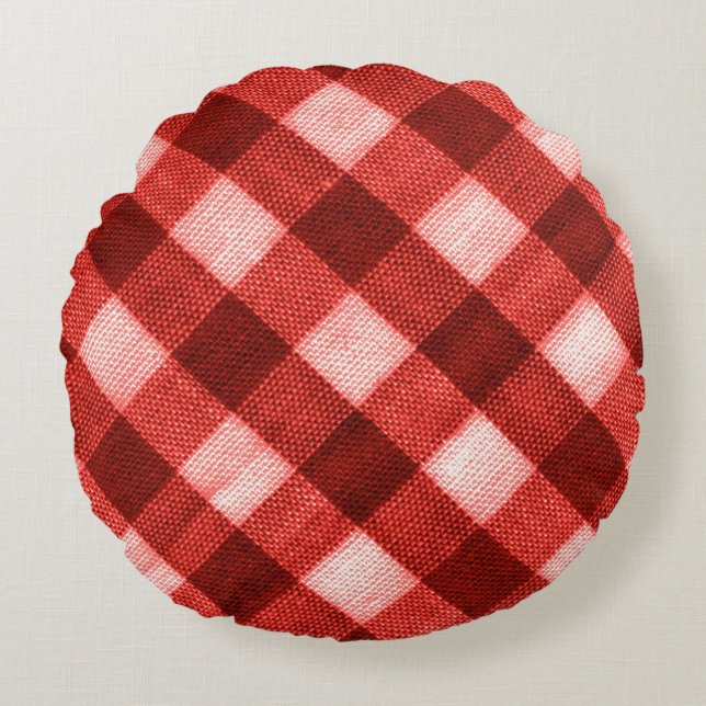 Bright red gingham: close-up texture. round cushion (Front)