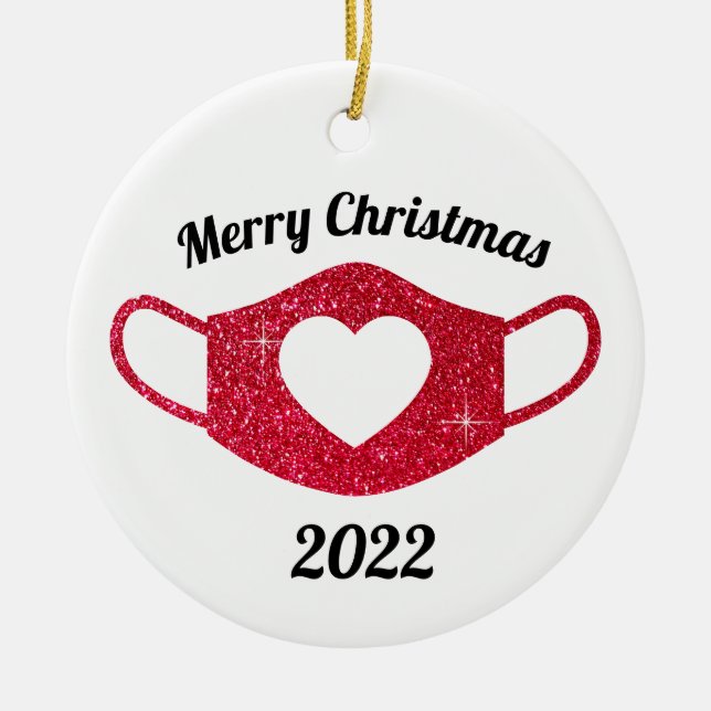 Bright Red Glitter Sparkly Heart Face Mask 2020 Ceramic Ornament (Front)
