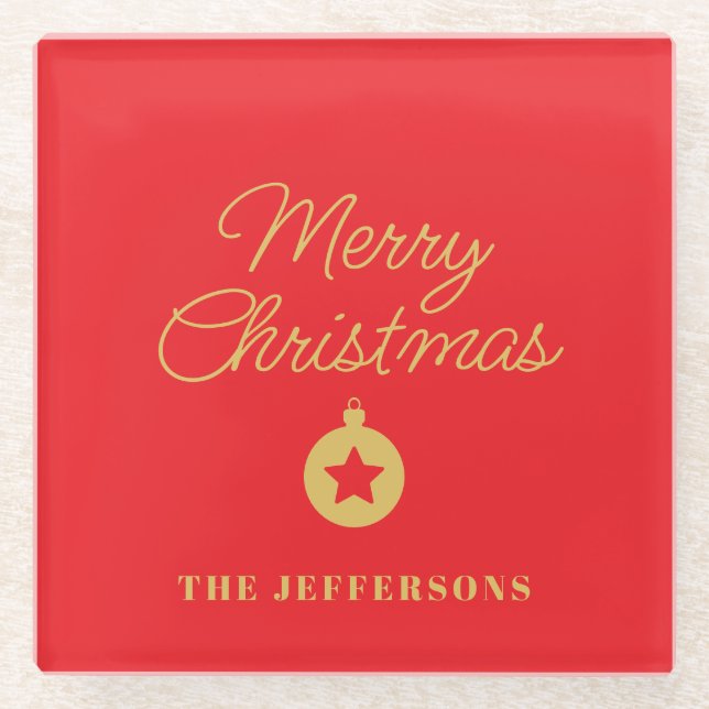 Bright Red & Gold Colors Merry Christmas Glass Coaster (Front)