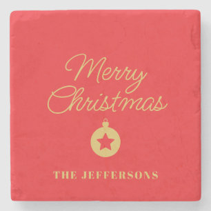 Bright Red & Gold Colors Merry Christmas Stone Coaster
