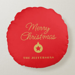 Bright Red & Gold Colours Merry Christmas Round Cushion