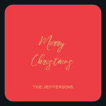 Bright Red & Gold Colours Merry Christmas Square Sticker<br><div class="desc">Represent yourself with this modern,  elegant design. This template can be customised to meet all professional occupations.</div>