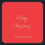 Bright Red & Gold Colours Merry Christmas Square Sticker<br><div class="desc">Represent yourself with this modern,  elegant design. This template can be customised to meet all professional occupations.</div>