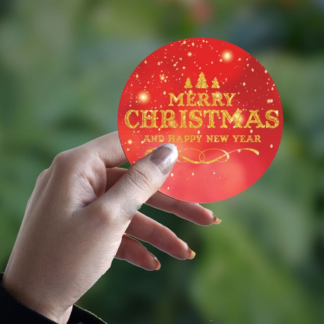 Bright Red Gold Merry Christmas Happy New Year  Classic Round Sticker (Creator Uploaded)