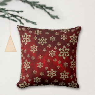 Bright Red Gold Snowflake Cushion