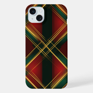 BRIGHT RED GREEN GOLD CHRISTMAS PLAID PATTERN iPhone 15 PLUS CASE