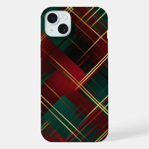 BRIGHT RED GREEN GOLD CHRISTMAS PLAID PATTERN iPhone 15 PLUS CASE