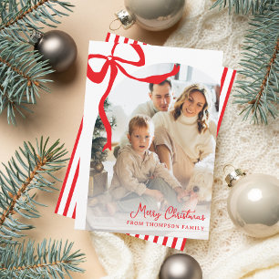 Bright Red Hand Drawn Ribbon Arch Photo Christmas Holiday Card