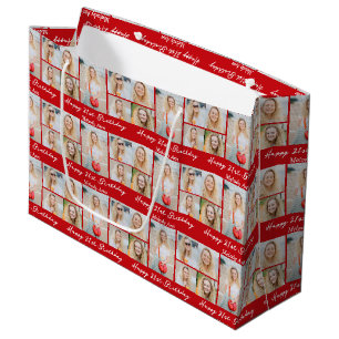 Bright Red Happy Birthday Photo Collage Custom Large Gift Bag