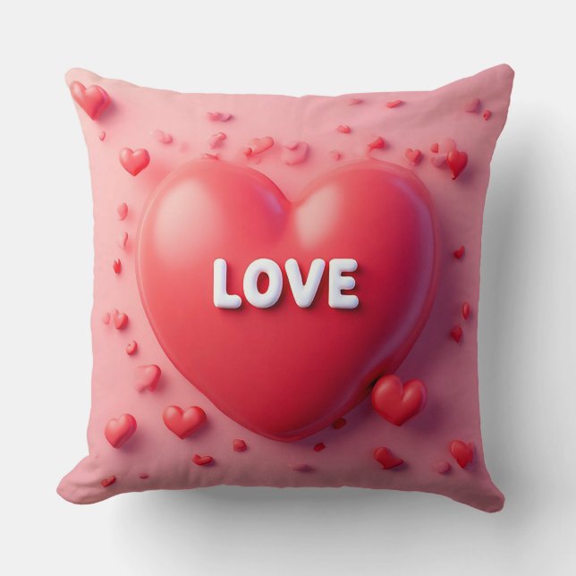 Bright Red Heart with 'Love' Text Cushion (Front)