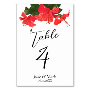 Bright Red Hibiscus Wedding Table Number Card