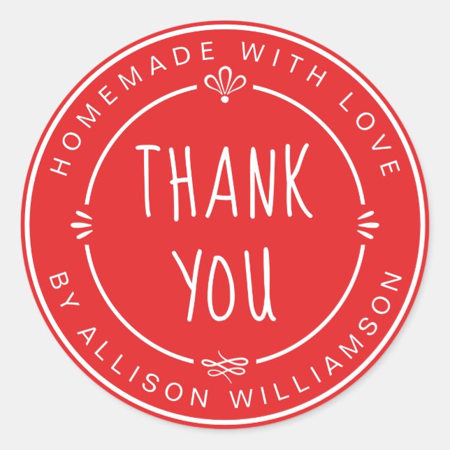 Bright Red Homemade Thank You Classic Round Sticker (Front)