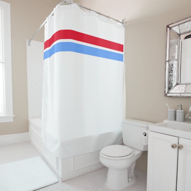 Bright Red Light Blue Top Racing Stripes On White Shower Curtain (In Situ)