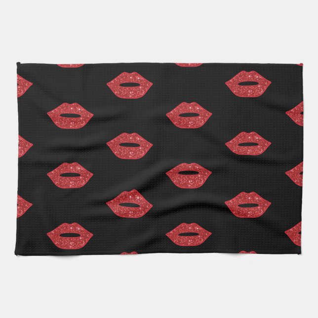 Bright Red Lips Glitter Kisses Elegant Feminine Tea Towel (Horizontal)