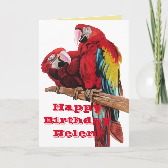 Bright Red Macaw Parrots Watercolor Birthday Card (Front)