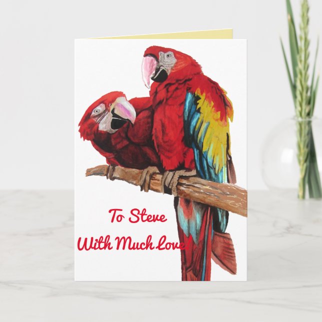 Bright Red Macaw Parrots Watercolor Birthday Card (Front)