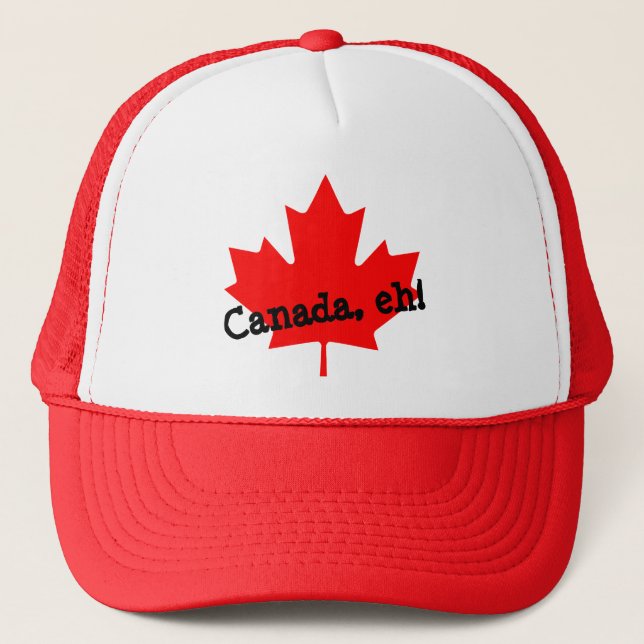 Bright Red Maple Leaf Canada eh! Trucker Hat (Front)