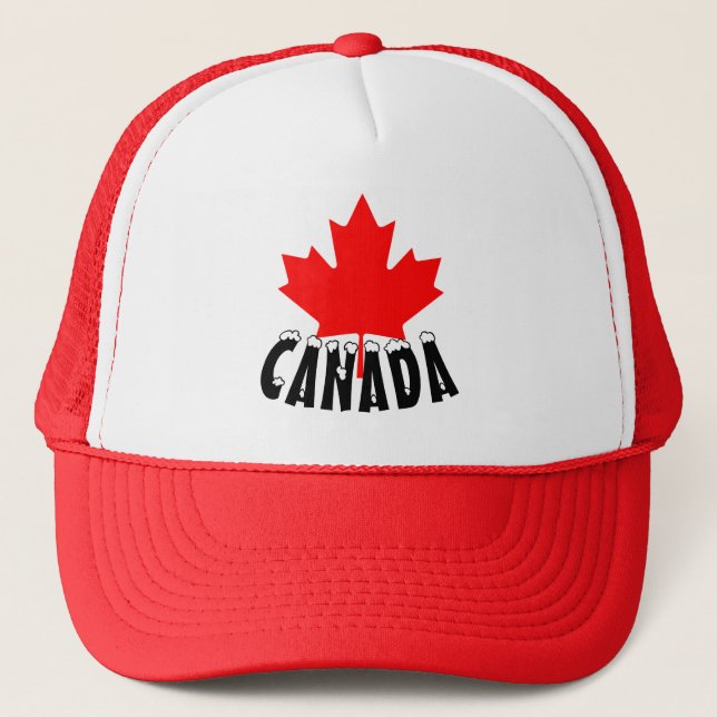 Bright Red Maple Leaf Canada Snow Capped Text Trucker Hat (Front)