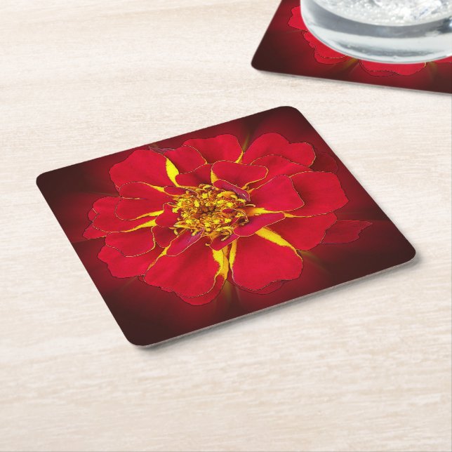 bright red marigold square paper coaster (Angled)