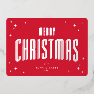 Bright Red Merry Christmas Retro Stars Flat Foil Holiday Card