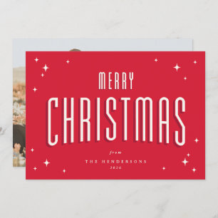 Bright Red Merry Christmas Retro Stars Flat Photo Holiday Card
