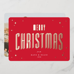 Bright Red Merry Christmas Retro Stars Photo Foil Holiday Card